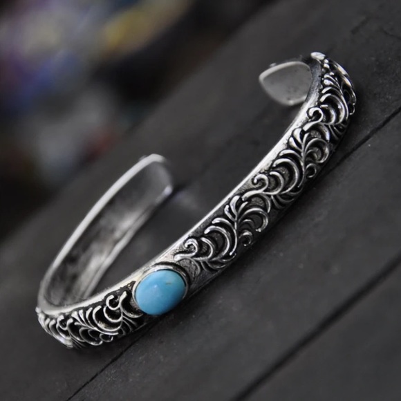 Sterling Silver Turquoise Engraved Bangle Cuff Vintage Bracelet - Picture 3 of 9